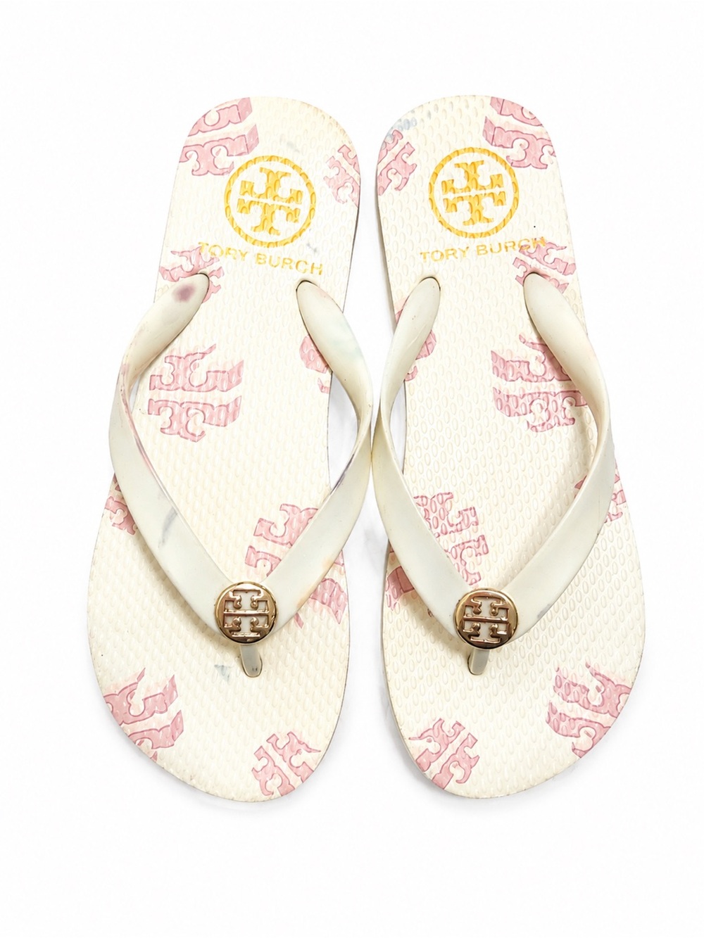 Tory Burch Cream Flip Flops with Pink Logo and Gold Medallion size 6